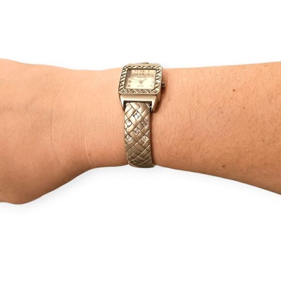 Geneva Silver-tone Basket Weeve & Crystal Open Cuff Watch - Picture 2 of 13